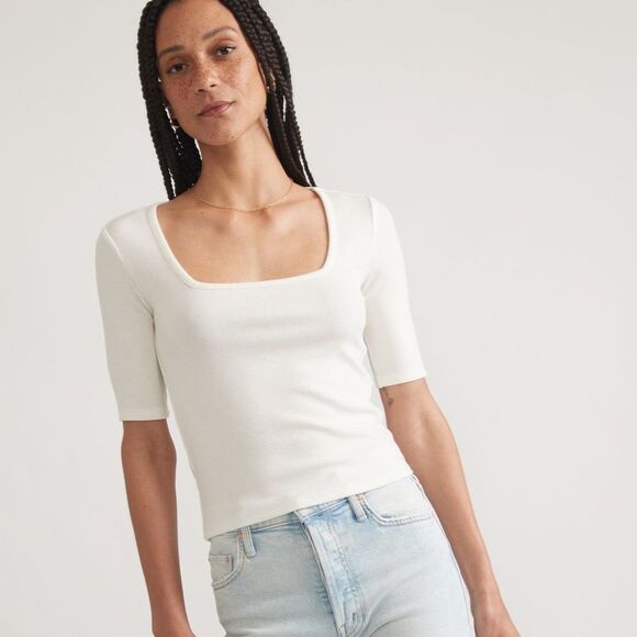 Marine Layer Lexi Rib White Ribbed Square Neck Tee Size L Tencel Blend - Picture 1 of 9